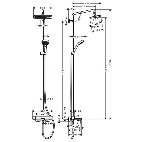 Душевая система с термостатом для настенного монтажа Hansgrohe Croma E 280 1jet Showerpipe (27687000)- Фото 4